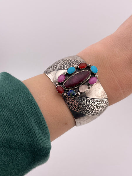 sterling silver chunky heavy ~55 grams wide multi-stone cuff bracelet