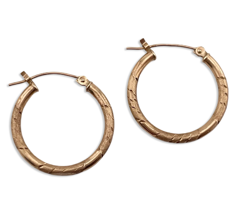 14k yellow gold etched 3/4" hoop earrings