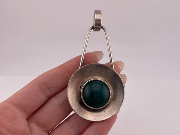 sterling silver large Denmark green agate pendant