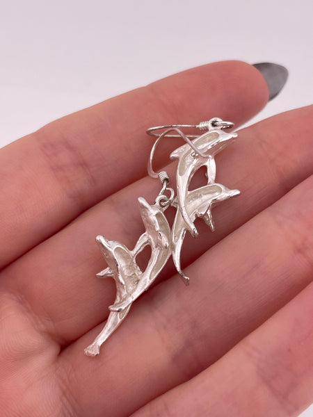 sterling silver dolphin matte finish hook dangle earrings