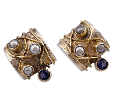 sterling silver gold wash pearl faceted iolite post earrings