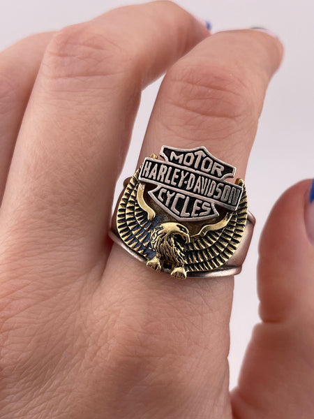 size 11 sterling silver & brass eagle motorcycles emblem ring