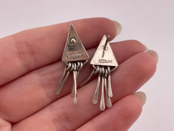 sterling silver blue green lab opal triangle inlay fringe post earrings