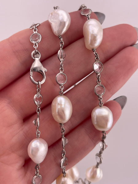 sterling silver 36" pearl & topaz necklace ***Missing one topaz****