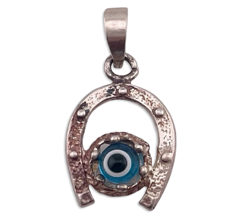 sterling silver blue glass evil eye horseshoe pendant
