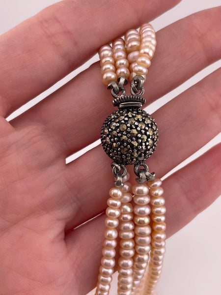 sterling silver marcasite quadruple strand synthetic pearl beaded necklace