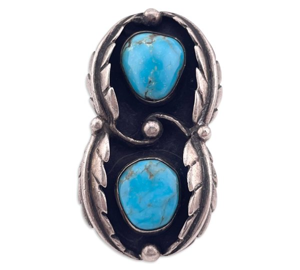 size 6 sterling silver two turquoise leaf ring