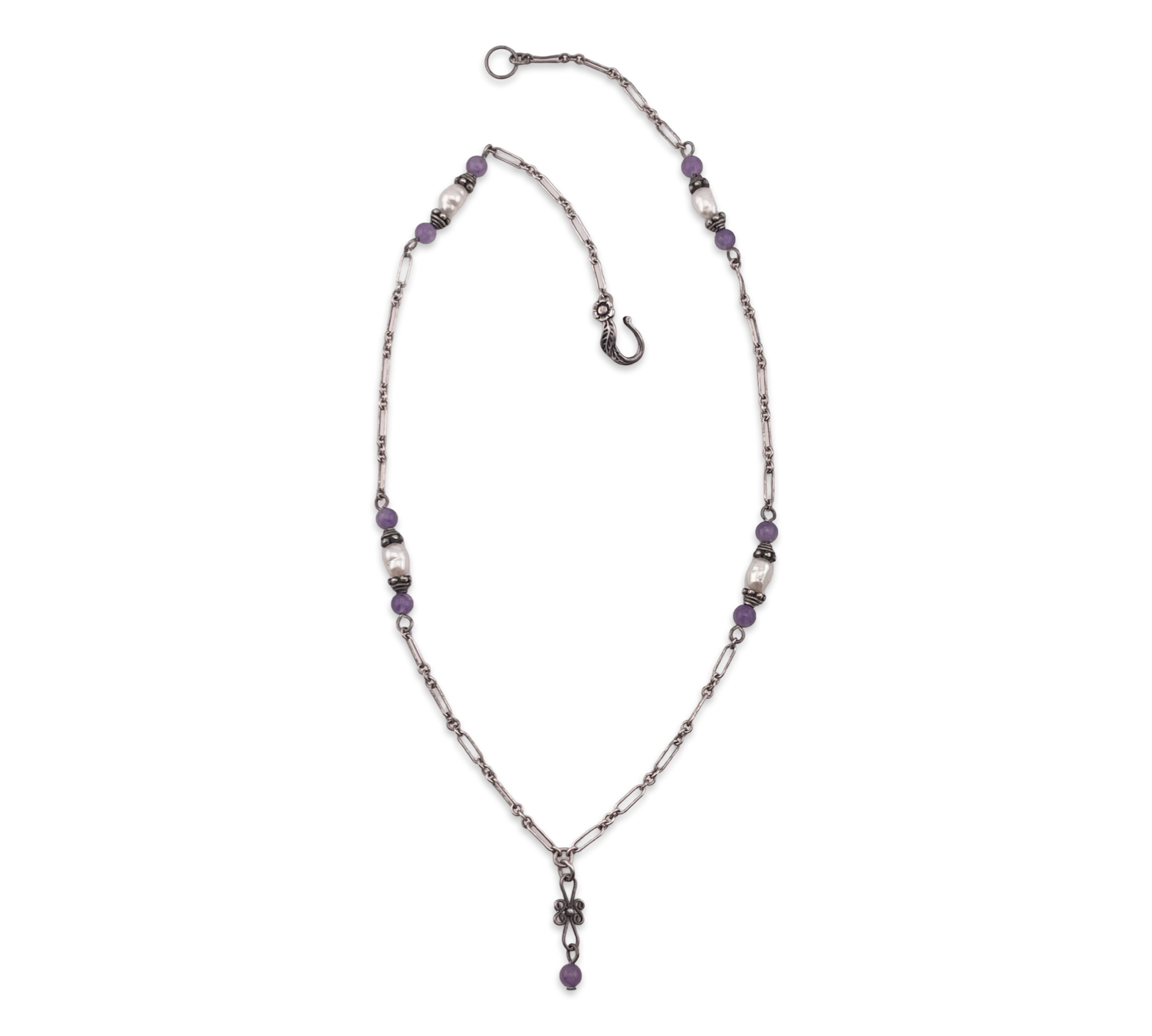 sterling silver 16" amethyst & pearl beaded necklace
