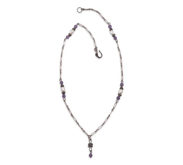 sterling silver 16" amethyst & pearl beaded necklace