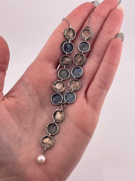 sterling silver textured circle lariat pearl necklace