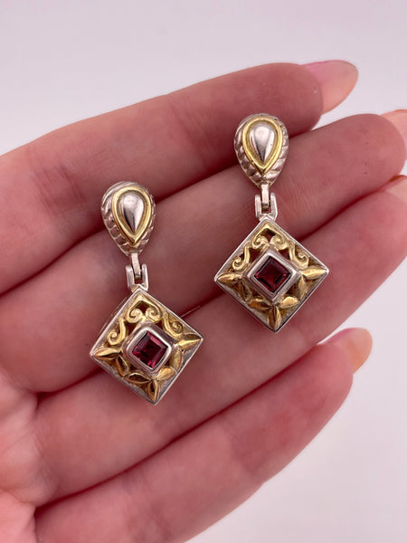 sterling silver & gold plated faceted garnet door-knocker post dangle earrings