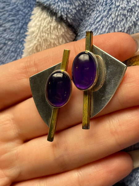 sterling silver & brass plated amethyst post earrings ***AS IS***