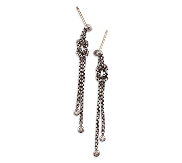 sterling silver & 18k gold David Yurman diamond knot wheat chain post dangle earrings