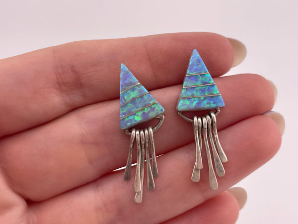 sterling silver blue green lab opal triangle inlay fringe post earrings