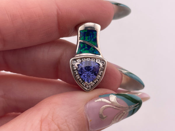 sterling silver lab opal & rhinestone pendant