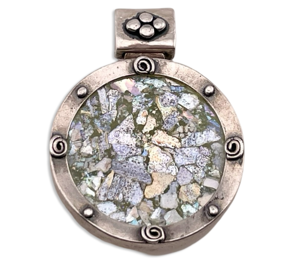 sterling silver Roman glass round pendant