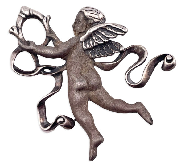 sterling silver cherub angel matte finish pendant brooch