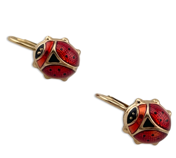 14k yellow gold enamel ladybug dangle earrings