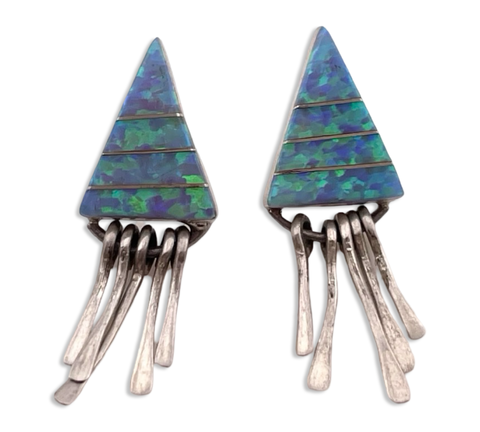 sterling silver blue green lab opal triangle inlay fringe post earrings