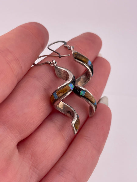 sterling silver spiral multi-stone hook dangle earrings