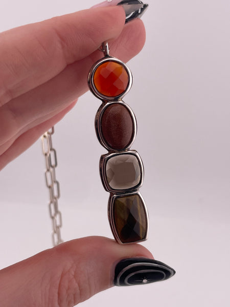 sterling silver multi-gemstone pendant paperclip chain necklace