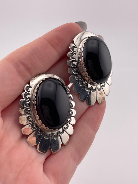 sterling silver large onyx clip on earrings
