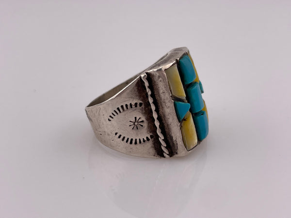 size 12.5 sterling silver mother of pearl & turquoise inlay ring