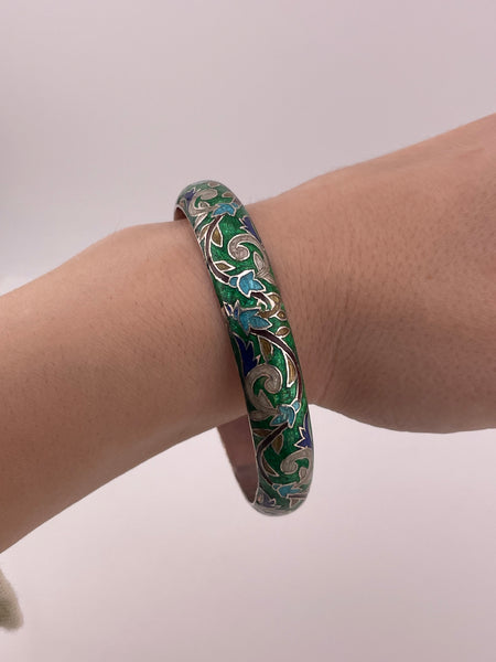 sterling silver 8" enamel scroll leaf bangle bracelet