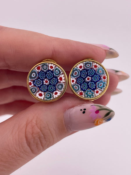 sterling silver gold wash millefiori glass clip-on earrings