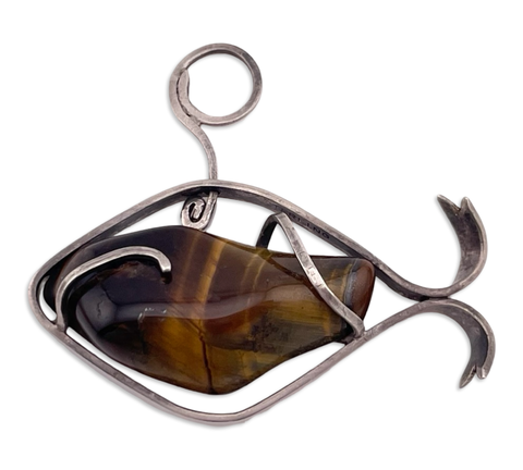 sterling silver artisan tiger's eye fish pendant