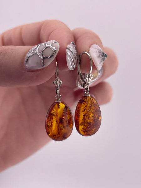 sterling silver amber lever-back hook dangle earrings