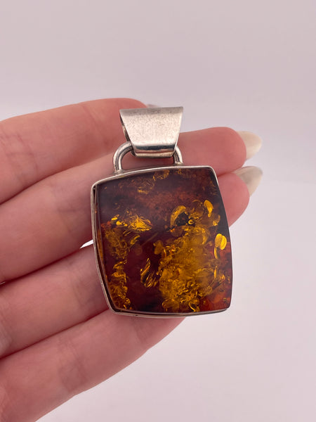sterling silver 2" square-ish amber pendant