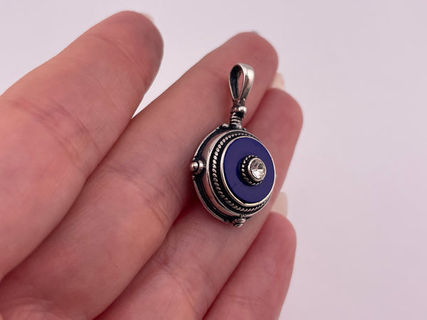 sterling silver blue plastic rhinestone pendant