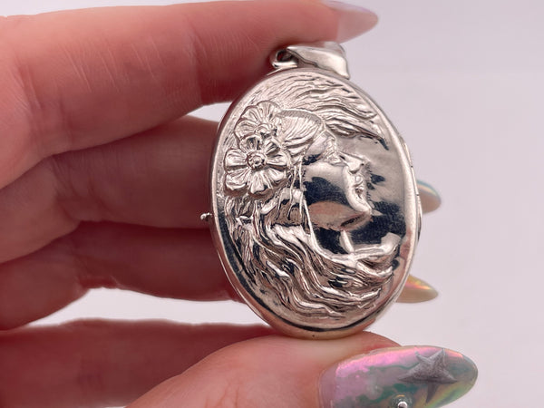 sterling silver woman profile locket pendant