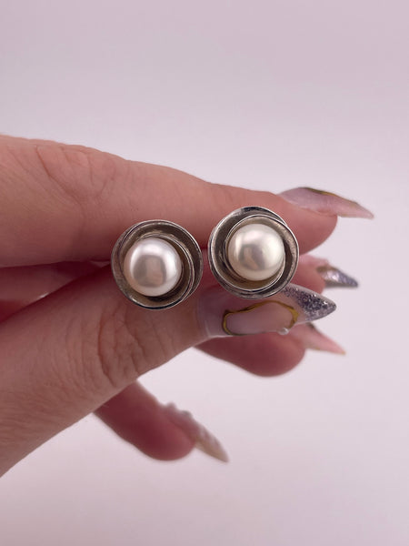 sterling silver faux pearl post earrings