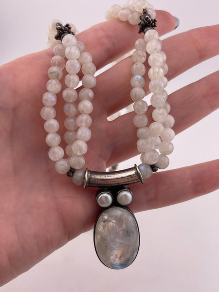 sterling silver moonstone & pearl beaded statement necklace