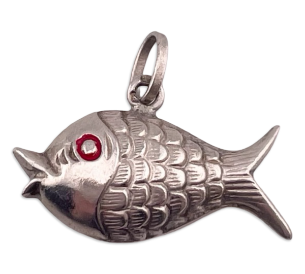 sterling silver puffy fish red eyes pendant