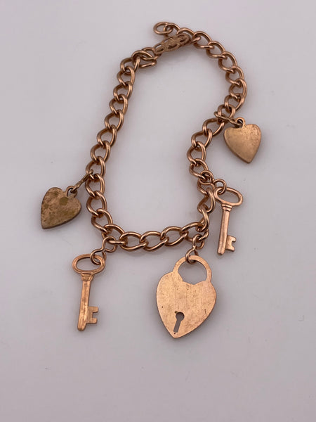 gold plated new old stock 'Key to my Heart' charm heart padlock key chain link bracelet