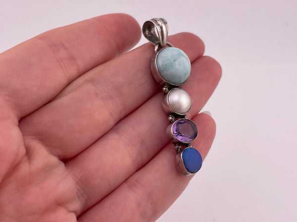 sterling silver larimar pearl faceted amethyst opal pendant