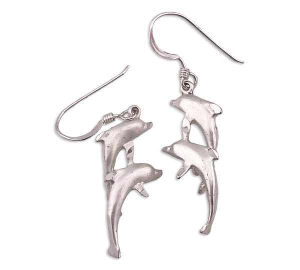 sterling silver dolphin matte finish hook dangle earrings