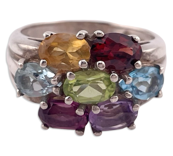 size 7.25 sterling silver faceted colorful multi-gemstone ring