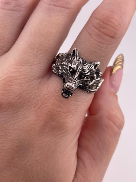 size 12.75 sterling silver wolf head ring