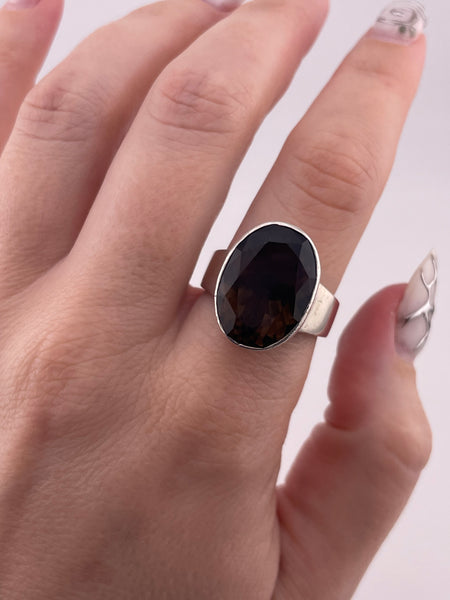 size 9 sterling silver chunky heavy faceted smokey quartz ring