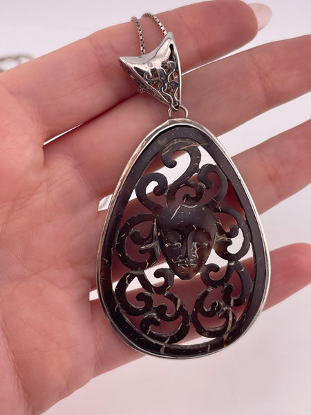 sterling silver 24" carved wood face necklace
