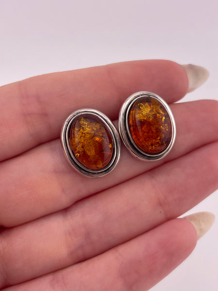 sterling silver oval amber post earrings