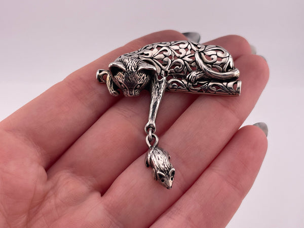 sterling silver cat & mouse brooch