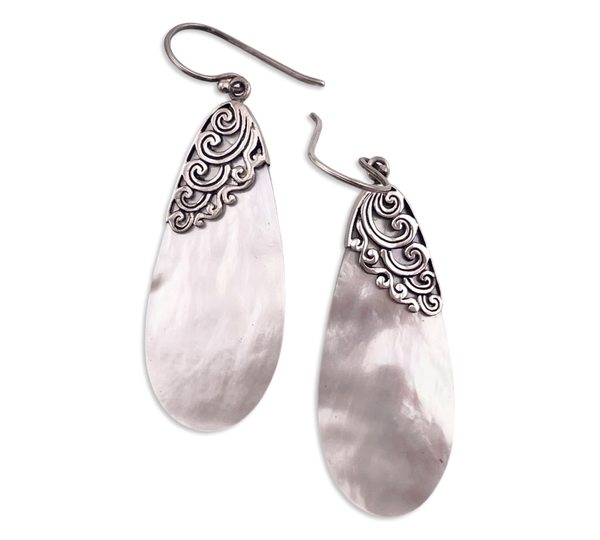 sterling silver 2-3/8" swirl mother of pearl hook dangle earrings