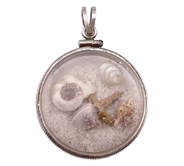 sterling silver sand filled plastic tiny seashells starfish pendant