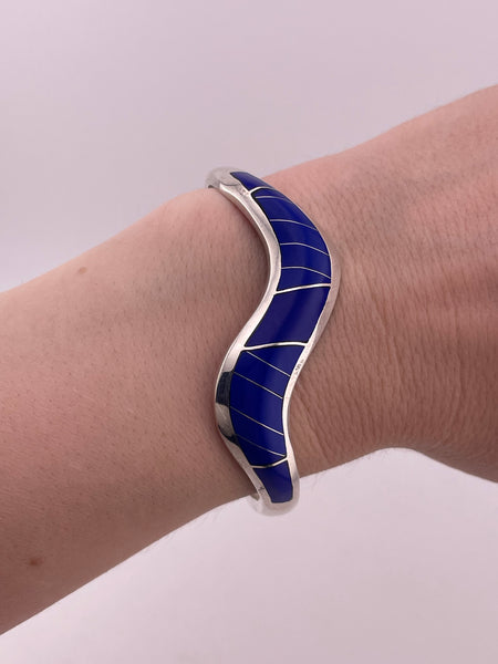 sterling silver Mexican chunky synthetic lapis hinge bangle bracelet