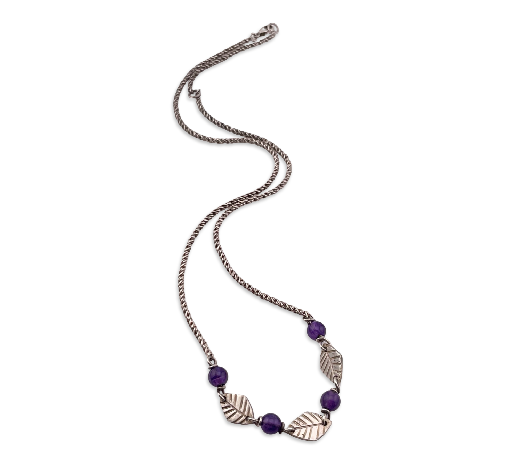 sterling silver 16" or 18-1/4"  amethyst leaf necklace